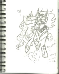 Size: 800x1000 | Tagged: safe, artist:modernlisart, king sombra, princess luna, alicorn, pony, unicorn, female, heart, lumbra, male, monochrome, shipping, sketch, straight