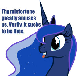 Size: 680x667 | Tagged: safe, edit, princess luna, alicorn, pony, caption, schadenfreude, simple background, solo, tongue out, transparent, transparent background