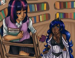 Size: 950x743 | Tagged: safe, artist:mistix, princess luna, twilight sparkle, book, golden oaks library, humanized, library