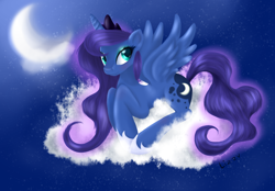 Size: 1956x1360 | Tagged: safe, artist:lizzyrascal, princess luna, alicorn, pony, cloud, crescent moon, night, prone, solo