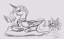 Size: 2903x1794 | Tagged: safe, artist:valkyrie-girl, princess cadance, princess celestia, alicorn, pony, filly, monochrome