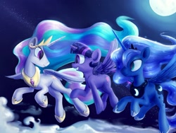 Size: 1500x1125 | Tagged: safe, artist:subjectnumber2394, princess celestia, princess luna, twilight sparkle, twilight sparkle (alicorn), alicorn, pony, female, flying, mare