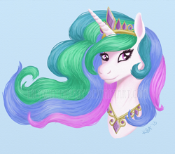 Size: 760x667 | Tagged: safe, artist:lilywinterharp, princess celestia, alicorn, pony, bust, crown, female, horn, mare, multicolored mane, solo, white coat