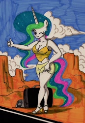 Size: 1249x1806 | Tagged: safe, artist:newyorkx3, princess celestia, anthro, plantigrade anthro, belly button, cleavage, clothes, female, high heels, hitchhiking, midriff, skirt, suitcase, traditional art, wink