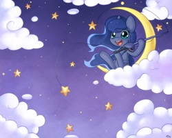 Size: 1280x1024 | Tagged: safe, artist:solar-slash, princess luna, alicorn, pony, cloud, cloudy, crescent moon, cute, dreamworks, fishing, fishing rod, hoof hold, lunabetes, night, open mouth, sitting, sky, smiling, solo, stars, tangible heavenly object