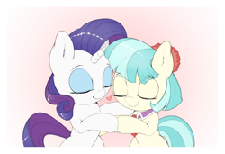 Size: 1536x1049 | Tagged: safe, artist:lyrabop, coco pommel, rarity, earth pony, pony, unicorn, cocobetes, cute, daaaaaaaaaaaw, duo, duo female, eyes closed, eyeshadow, female, floating heart, heart, hug, lesbian, makeup, mare, marshmallow coco, pink background, raribetes, shipping, simple background