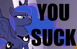 Size: 1100x700 | Tagged: safe, edit, edited screencap, screencap, princess luna, alicorn, pony, the crystal empire, caption, frown, glare, image macro, meme, reaction image, solo, unamused