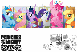 Size: 1240x840 | Tagged: safe, artist:pepsiso, applejack, fluttershy, pinkie pie, princess celestia, princess luna, rainbow dash, rarity, twilight sparkle, twilight sparkle (alicorn), alicorn, earth pony, pony, accessory swap, alicornified, applecorn, cosplay, element of generosity, everyone is an alicorn, fluttercorn, japanese, mane six, mane six alicorns, paint, pinkiecorn, pixiv, race swap, rainbowcorn, raricorn, translation, xk-class end-of-the-world scenario