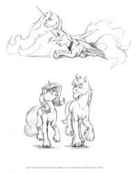 Size: 1022x1280 | Tagged: safe, artist:baron engel, princess celestia, princess luna, oc, oc:paynes grey, oc:sunrise, alicorn, pony, monochrome, pencil drawing, traditional art, unshorn fetlocks