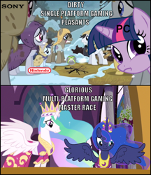 Size: 526x608 | Tagged: safe, princess celestia, princess luna, twilight sparkle, alicorn, pony, /v/, comparison, inverted mouth, peasant, twiface, video game, zero punctuation