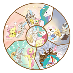 Size: 3071x3071 | Tagged: safe, artist:howxu, discord, fluttershy, princess celestia, alicorn, pegasus, pony, candy, cute, discute, female, happy, male, peace sign, phone, shyabetes, smiling, telephone, text, vicious cycle