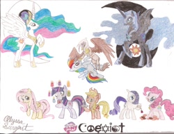 Size: 900x695 | Tagged: safe, artist:kuramalover86, applejack, fluttershy, gilda, nightmare moon, pinkie pie, princess celestia, rainbow dash, rarity, twilight sparkle, unicorn twilight, alicorn, earth pony, griffon, pegasus, pony, unicorn, cardboard twilight, coexist, colored pencil drawing, ethereal mane, female, hijab, islam, mane six, mare, my little pony logo, pagan, religion, star of david, stock vector, traditional art, wicca, yin-yang