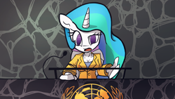 Size: 5000x2812 | Tagged: safe, artist:undead-niklos, princess celestia, anthro, cleavage, female, podium, solo, united nations