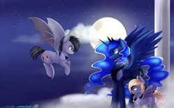 Size: 1600x992 | Tagged: safe, artist:spittfireart, princess luna, oc, bat pony, pony, vargras