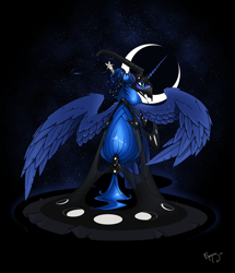 Size: 4418x5132 | Tagged: dead source, safe, artist:jackjacko-eponymous, princess luna, alicorn, pony, absurd resolution, alternate hairstyle, clothes, helmet, moon, solo, spread wings