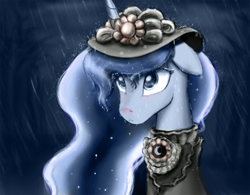 Size: 700x547 | Tagged: safe, artist:dobromyslov, princess luna, alicorn, pony, hat, rain, solo