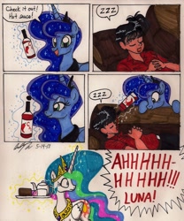 Size: 1480x1783 | Tagged: safe, artist:newyorkx3, princess celestia, princess luna, human, comic, hot sauce, levitation, prank, self insert, sleeping, sofa, traditional art, zzz