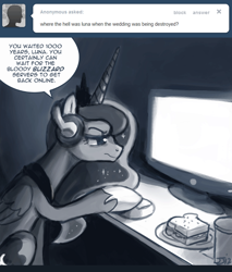 Size: 650x763 | Tagged: safe, artist:johnjoseco, princess luna, alicorn, pony, ask, ask princess molestia, comic, computer, computer mouse, drink, gamer luna, headphones, plate, sandwich, straw, tumblr