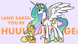 Size: 1181x671 | Tagged: safe, artist:redapropos, applejack, princess celestia, alicorn, earth pony, pony, cute, female, filly, filly applejack, honesty, size difference, younger