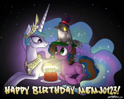 Size: 1100x880 | Tagged: safe, artist:johnjoseco, princess celestia, oc, oc:gem, alicorn, pony, birthday, cake, memj0123