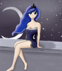 Size: 900x1037 | Tagged: safe, artist:winteriscomin, princess luna, crescent moon, humanized, sitting, solo