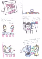 Size: 2206x3107 | Tagged: safe, artist:bobthedalek, dj pon-3, octavia melody, princess celestia, princess luna, vinyl scratch, alicorn, earth pony, pony, unicorn, comic, dialogue, female, heart, lesbian, punch & judy, scratchtavia, shipping, sock puppet, stage, traditional art