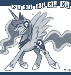 Size: 650x691 | Tagged: safe, artist:johnjoseco, princess luna, alicorn, pony, ask princess molestia, e3, gamer luna, monochrome, solo, tumblr