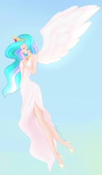 Size: 1024x1761 | Tagged: dead source, safe, artist:berrysplash, princess celestia, humanized, solo, winged humanization