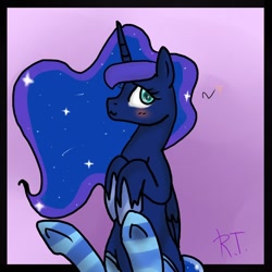 Size: 604x604 | Tagged: safe, artist:sonatatravina, princess luna, alicorn, pony, blushing, clothes, socks, solo, striped socks, underhoof