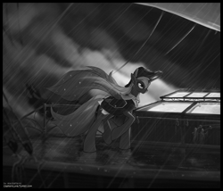 Size: 1036x887 | Tagged: safe, artist:marbleyarns, princess luna, alicorn, pony, airship, bicorne, captain luna, cloak, clothes, hat, monochrome, rain, solo, under a paper moon