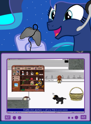 Size: 563x769 | Tagged: safe, princess luna, alicorn, dog, pony, ball, basket, bone, bottle, box, catz, clothes, controller, dexterous hooves, disembodied hand, dog biscuit, dog food, dogz, exploitable meme, female, fence, frisbee, gamer luna, gamer meme, globe, hand, happy, headset, mare, meme, music box, obligatory pony, open mouth, paint can, pc game, pet food, pet food bowl, petz, petz 2, pf magic, present, ribbon, smiling, socks, solo, spray bottle, television, tv meme, twig, windows 98, windows explorer