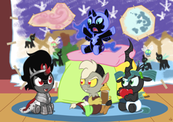 Size: 1768x1250 | Tagged: safe, artist:viraljp, discord, king sombra, nightmare moon, princess luna, queen chrysalis, alicorn, changeling, changeling queen, draconequus, nymph, parasprite, pony, umbrum, unicorn, baby, baby bottle, baby discord, baby draconequus, baby pony, chocolate, chocolate milk, colt, colt sombra, cute, cutealis, diaper, discute, drink, female, filly, foal, heart, male, milk, moonabetes, nightmare woon, pillow, sitting, sombradorable, younger