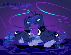 Size: 1200x927 | Tagged: safe, artist:icedroplet, prince artemis, princess luna, alicorn, pony, artemabetes, bedroom eyes, cute, eye contact, family, filly, lunartemis, offspring, parent:prince artemis, parent:princess luna, parents:selfcest, product of incest, prone, rule 63, rule63betes, self ponidox, selfcest, smiling
