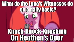 Size: 960x540 | Tagged: safe, cheerilee, princess luna, earth pony, pony, cheerilee pun, curtain, exploitable meme, female, green eyes, jehovah's witness, luna witnesses, mare, meme, microphone, open mouth, pun, smiling, solo, spotlight, text, two toned mane, two toned tail