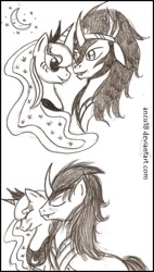 Size: 675x1185 | Tagged: safe, artist:rossmaniteanzu, king sombra, princess luna, alicorn, pony, unicorn, female, lumbra, male, monochrome, shipping, straight