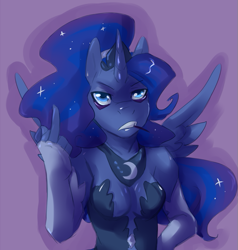 Size: 665x700 | Tagged: safe, artist:mlpfwb, princess luna, anthro, cropped, middle finger, solo, vulgar