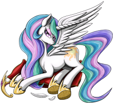 Size: 1200x1100 | Tagged: safe, artist:nalesia, princess celestia, alicorn, pony, bedroom eyes, eyeshadow, feather, looking at you, pillow, preening, prone, smiling, solo, spread wings, sultry pose