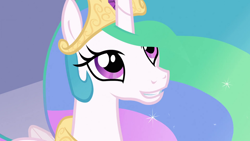 Size: 1280x720 | Tagged: safe, screencap, princess celestia, alicorn, pony, bust, crown, female, horn, mare, multicolored mane, solo, white coat