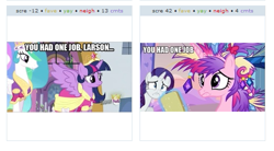 Size: 549x303 | Tagged: safe, princess cadance, princess celestia, rarity, twilight sparkle, twilight sparkle (alicorn), alicorn, pony, unicorn, bad hair day, exploitable meme, female, juxtaposition, juxtaposition win, m.a. larson, mare, you had one job