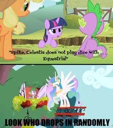 Size: 1280x1440 | Tagged: safe, edit, edited screencap, screencap, applejack, princess celestia, spike, twilight sparkle, alicorn, dragon, earth pony, pony, feeling pinkie keen, albert einstein, magic, niels bohr, parody, pinkie sense, quantum mechanics, quote, science