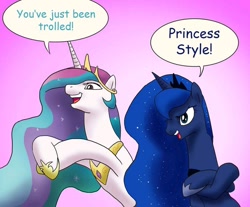 Size: 914x758 | Tagged: safe, artist:doublewbrothers, princess celestia, princess luna, alicorn, pony, troll, comic sans, cropped, speech bubble