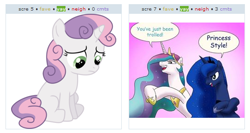 Size: 542x289 | Tagged: safe, princess celestia, princess luna, sweetie belle, alicorn, pony, comic sans, exploitable meme, juxtaposition, juxtaposition win, sad