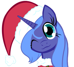 Size: 999x900 | Tagged: safe, artist:themightysqueegee, princess luna, alicorn, pony, christmas, christmas ponies, hat, s1 luna, santa hat, simple background, smiling, solo, transparent background, vector, wink
