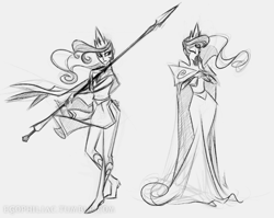 Size: 945x752 | Tagged: safe, artist:egophiliac, princess celestia, humanized, monochrome, sketch, skinny, spear