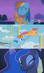 Size: 844x1385 | Tagged: safe, screencap, princess luna, rainbow dash, scootaloo, alicorn, pegasus, pony, sleepless in ponyville, hub logo, scootalove, wink