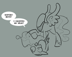 Size: 500x396 | Tagged: safe, artist:egophiliac, princess luna, the headless horse (character), alicorn, headless horse, pony, sleepless in ponyville, dialogue, headless, luna module, modular, monochrome, solo