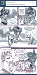 Size: 500x1008 | Tagged: safe, artist:johnjoseco, derpy hooves, princess celestia, princess luna, alicorn, pony, ask princess molestia, book, clothes, comic, food, gamer luna, princess molestia, skirt, tea, tea party, tennis, tennis ball, tennis racket, twiglets