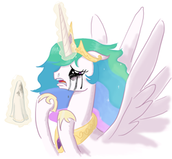 Size: 1280x1185 | Tagged: safe, artist:king-kakapo, princess celestia, alicorn, pony, crying, floppy ears, handkerchief, magic, mascara, open mouth, running makeup, sad, snot, solo, spread wings, telekinesis