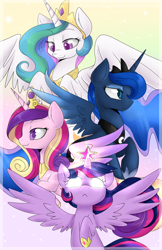 Size: 3300x5100 | Tagged: safe, artist:lustrous-dreams, princess cadance, princess celestia, princess luna, twilight sparkle, twilight sparkle (alicorn), alicorn, pony, :<, absurd resolution, alicorn tetrarchy, female, glowing eyes, glowing horn, magic, mare, raised hoof, smiling, spread wings