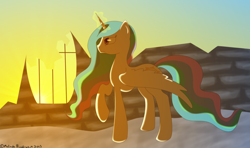 Size: 1024x606 | Tagged: safe, artist:melindaington, princess celestia, alicorn, pony, magic, solo, sunrise